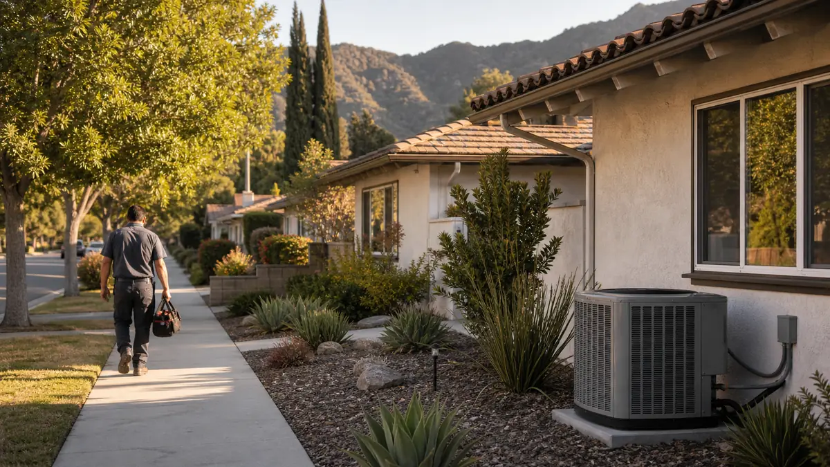 Illustration: Trane condenser tucked beside a 1920s bungalow in Wilton Heights, Pomona