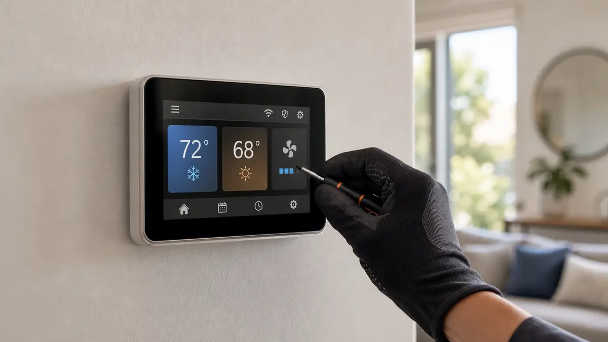 Illustration: Trane ComfortLink II XL824 touchscreen showing a fault alert in a Pomona home