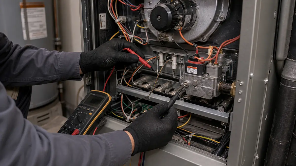 Illustration: technician counting the integrated furnace control LED flash code on a Trane furnace in Pomona