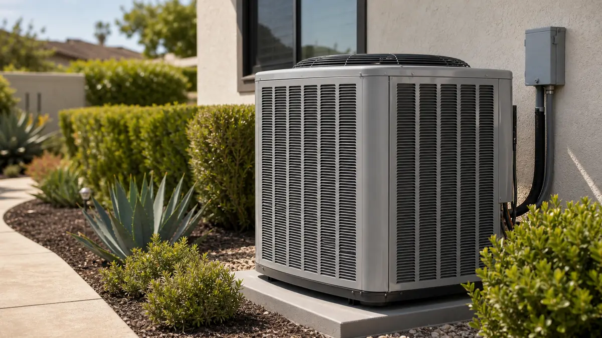 Illustration: technician metering a Climatuff condenser dual-run capacitor on a Pomona home during a heat wave