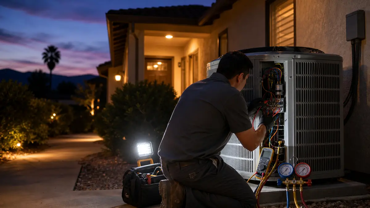 Illustration: heat-wave no-cooling priority call on a Trane condenser in Hacienda, Pomona