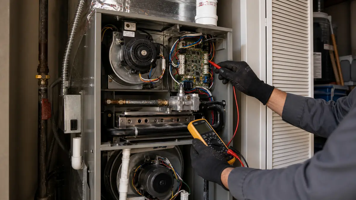 Illustration: Trane S-series furnace control board flashing an LED diagnostic code in a Pomona home