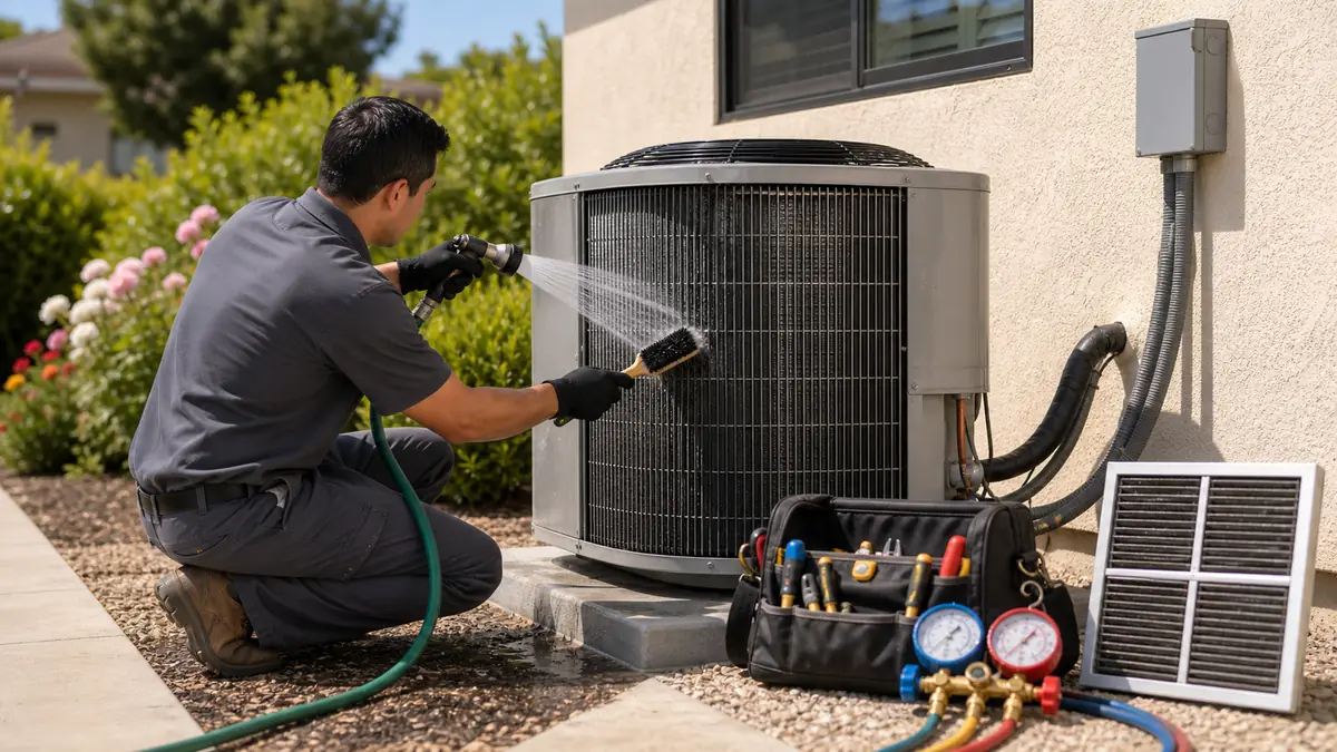 Illustration: technician cleaning the Spine Fin coil on a Trane condenser in Westmont, Pomona